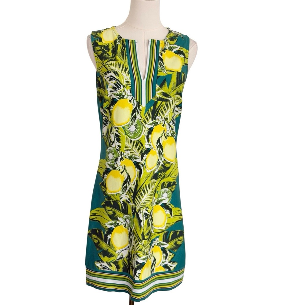 NY & CO Green Lemon Print Sleeveless Stretch Dress 100% Cotton‎ Office Preppy S
